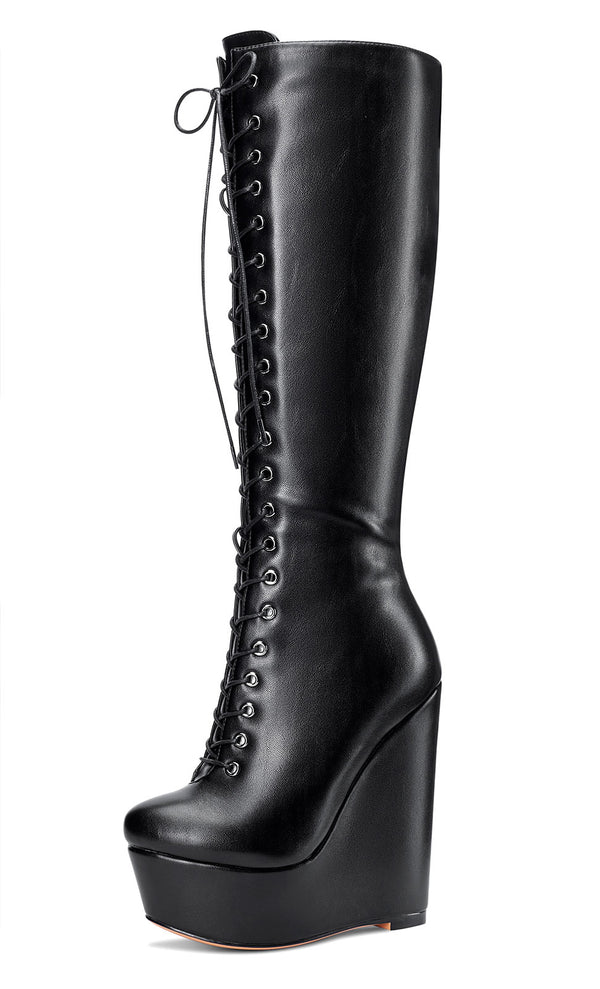 NobleOnly Women's High Heels Platform Wedge Mid Calf Boots Round-Toe Lace-Up Boot with Zipper Basic Office Boot 6" Heel Shoes