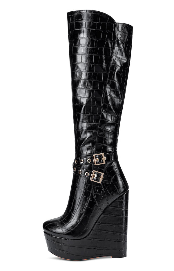 NobleOnly Women's High Heels Platform Wedge Mid Calf Boots Round Toe Boot with Zipper Basic Office Black Boot 6" Heel Shoes