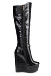 NobleOnly Women's High Heels Platform Wedge Mid Calf Boots Round Toe Boot with Zipper Basic Office Black Boot 6" Heel Shoes