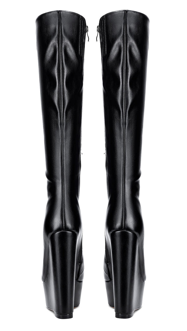 NobleOnly Women's High Heels Platform Wedge Mid Calf Boots Round-Toe Lace-Up Boot with Zipper Basic Office Boot 6" Heel Shoes