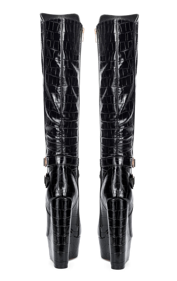 NobleOnly Women's High Heels Platform Wedge Mid Calf Boots Round Toe Boot with Zipper Basic Office Black Boot 6" Heel Shoes
