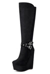 NobleOnly Women's High Heels Platform Wedge Mid Calf Boots Round Toe Boot with Zipper Basic Office Black Boot 6" Heel Shoes