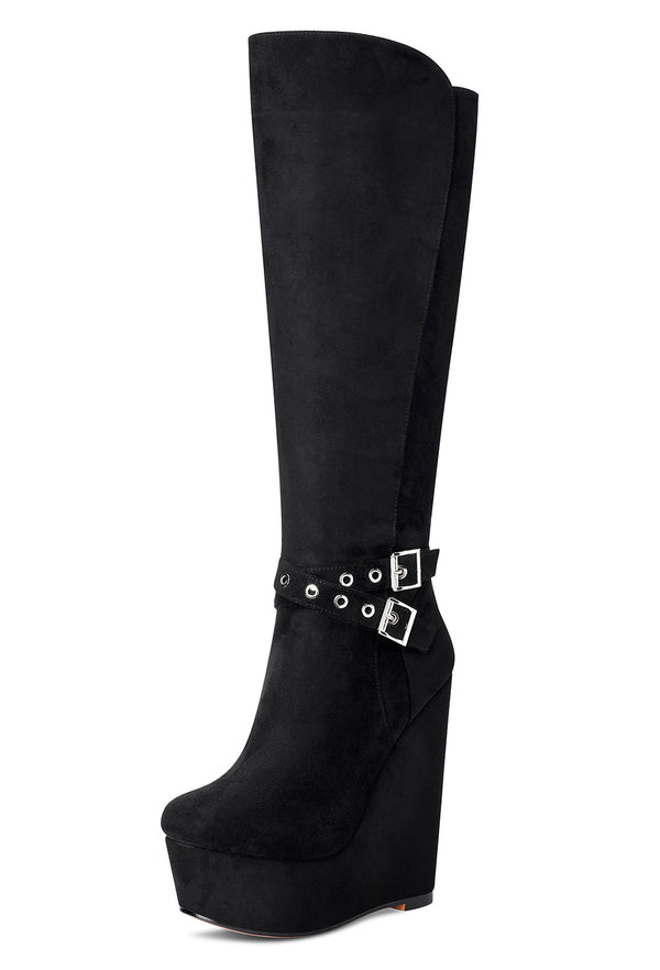NobleOnly Women's High Heels Platform Wedge Mid Calf Boots Round Toe Boot with Zipper Basic Office Black Boot 6" Heel Shoes