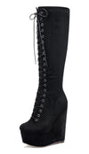 NobleOnly Women's High Heels Platform Wedge Mid Calf Boots Round-Toe Lace-Up Boot with Zipper Basic Office Boot 6" Heel Shoes