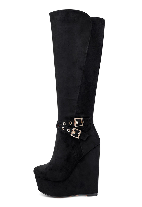 NobleOnly Women's High Heels Platform Wedge Mid Calf Boots Round Toe Boot with Zipper Basic Office Black Boot 6" Heel Shoes