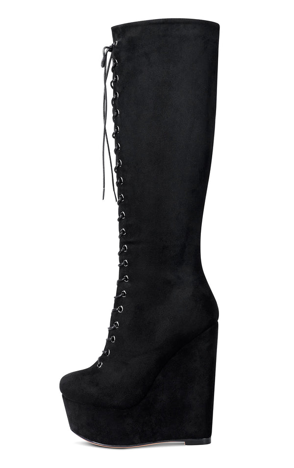 NobleOnly Women's High Heels Platform Wedge Mid Calf Boots Round-Toe Lace-Up Boot with Zipper Basic Office Boot 6" Heel Shoes