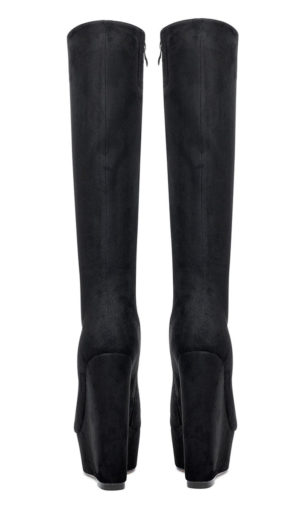 NobleOnly Women's High Heels Platform Wedge Mid Calf Boots Round-Toe Lace-Up Boot with Zipper Basic Office Boot 6" Heel Shoes