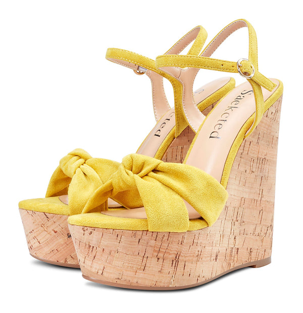 CASTAMERE Women's Sky High Wedge Heel Sandals Ankle-Strap Open-Toe High Heels Sandal Bowknot Party Dress 6Inch Heel Shoes