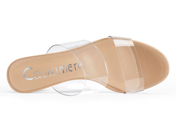 CASTAMERE Womens Chunky Block Mid Heels Sandals Slip On Transparent Ankle Strap Open Toe 5CM Heeled Sandal