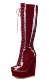 NobleOnly Women's High Heels Platform Wedge Mid Calf Boots Round-Toe Lace-Up Boot with Zipper Basic Office Boot 6" Heel Shoes