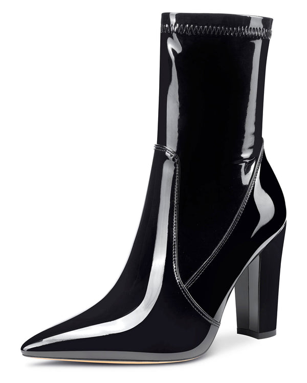 NobleOnly Women's High Heels Ankle Boots Pointed Toe Boot with Zipper Basic Office Boot 4" Chunky Heel Shoes