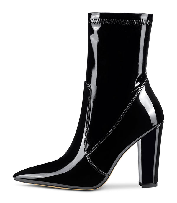 NobleOnly Women's High Heels Ankle Boots Pointed Toe Boot with Zipper Basic Office Boot 4" Chunky Heel Shoes