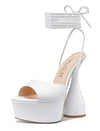 HDEUOLM Women High Heels Platform Ankle Strap Sandals Open Toe 6 Inch Chunky Heel Clear Heeled Plus Size Shoes White Patent