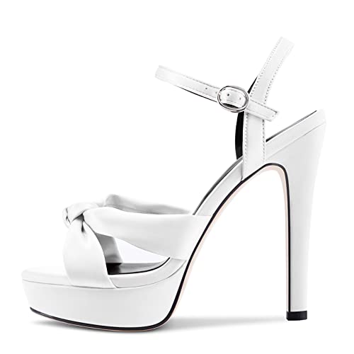 Aachcol Women Sandals Platform Peep Open Toe Ankle Strap Slingback Stiletto High Heel Dress Shoes Pumps Wedding Satin White 5 Inch