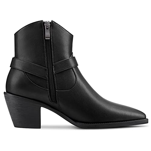 Aachcol Women Ankle Boots Short Bootie Square Toe Low Kitten Chunky Block Heel Western Cowboy Cowgirl Matte Zipper Dress Shoes Black 2.5 Inch