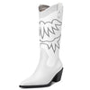 DearOnly Womens Western Cowboy Cowgirl Boots Mid Calf Embroidered Stitching Pull-Up Closed Pointed Toe Block Chunky Heel Zipper Matte Dress Shoes Classic White 2.5 Inch