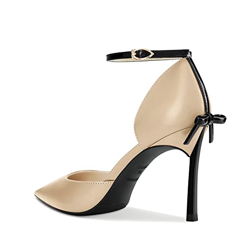 Castamere Women Stiletto High Heel Pointed Toe Pumps Ankle Strap Two-Piece Bow-Knot Wedding Dress 3.3 Inches Heels Beige