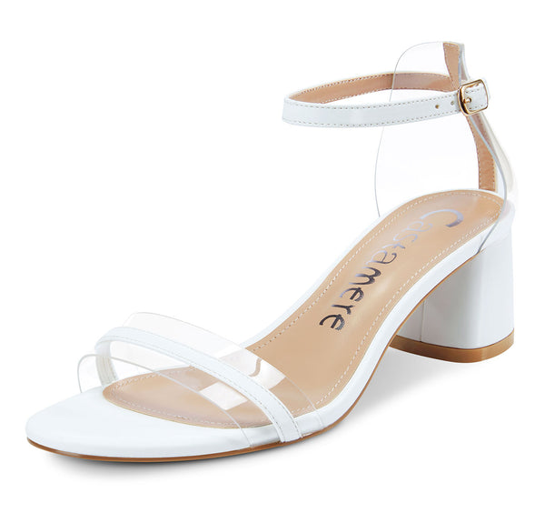 CASTAMERE Womens Chunky Block Mid Heels Sandals Transparent Ankle Strap Open Toe 5CM Heeled Sandal