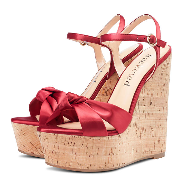 CASTAMERE Women's Sky High Wedge Heel Sandals Ankle-Strap Open-Toe High Heels Sandal Bowknot Party Dress 6Inch Heel Shoes