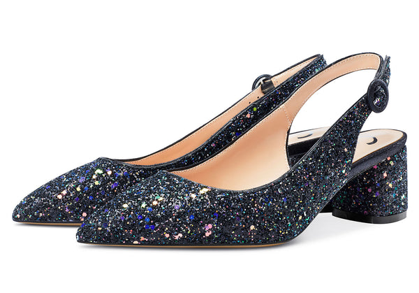 CASTAMERE Womens Chunky Block Heels Slingback Pumps Slip-on Pointy Toe 5CM Heel Glitter Sandals