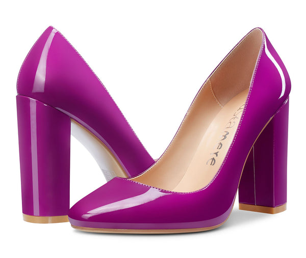 CASTAMERE Womens High Heels Round Toe Pumps Slip-on 10CM Chunky Block Heel Office