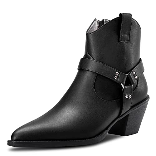 Aachcol Women Ankle Boots Short Bootie Square Toe Low Kitten Chunky Block Heel Western Cowboy Cowgirl Matte Zipper Dress Shoes Black 2.5 Inch
