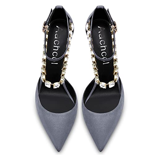 Aachcol Women Sexy Ankle Strap Stiletto High Heel Pumps Pointed Toe Dress Shoes Party Wedding Suede Grey 3 Inch