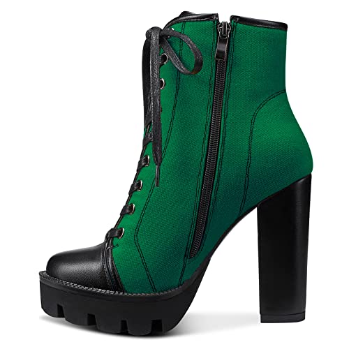 Aachcol Women Platform Boots Chunky Block High Heel Close Round Toe Shoes Lace-up Classic 5 Inch Green
