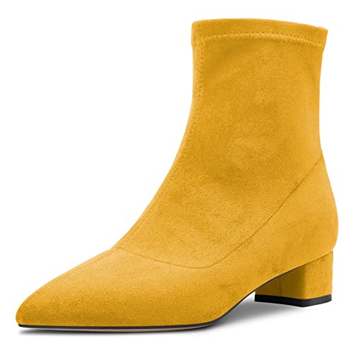 Castamere Women Chunky Block Low Heel Close Pointed Toe Ankle Boots Short Bootie Slip-on Zipper 1.4 Inches Heels Classic Cute Shoes Yellow