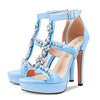 Aachcol Women Platform Stiletto High Heel Roman Sandals Ankle Strap Slingback Round Peep Open Toe Dress Shoes Office Party Wedding Satin 5 Inch, Sky Blue