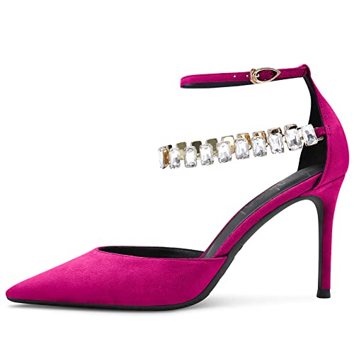 Aachcol Women Sexy Ankle Strap Stiletto High Heel Pumps Pointed Toe Dress Shoes Party Wedding Suede Magenta Red 3 Inch