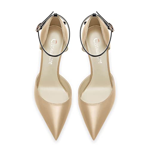 Castamere Women Stiletto High Heel Pointed Toe Pumps Ankle Strap Two-Piece Bow-Knot Wedding Dress 3.3 Inches Heels Beige