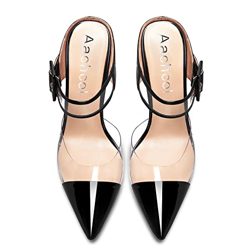 Aachcol Women Sexy Clear Slingback Ankle Strap Stiletto High Heel Pumps Close Pointed Toe Dress Shoes Party Wedding Patent Black 3 Inch