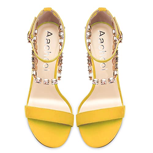 Aachcol Women Sandals Peep Open Toe Ankle Strap Stiletto High Heel Sexy Dress Shoes Pumps Office Wedding Satin Yellow 3 Inch