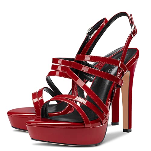 Aachcol Women Sandals Platform Peep Open Toe Backstrap Ankle Strap Slingback Stiletto High Heel Dress Shoes Pumps Wedding Patent Burgundy Red 5 Inch
