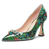 Castamere Women High Heel Chunky Block Pointed Toe Pumps Slip-on Party Dress 3.3 Inches Heels Green Multicolor