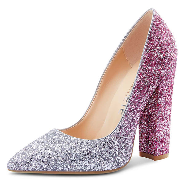 CASTAMERE Womens Sky High Block Heels Pumps Pointed Toe Slip-on 4.7 Inch Heels Bling Shoes