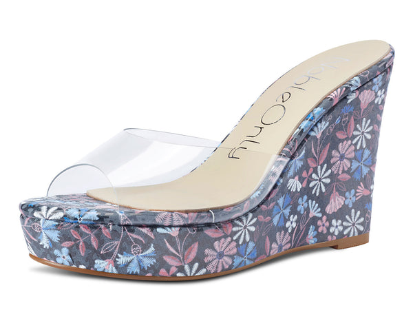 NobleOnly Womens High Heels Platform Wedge Sandals Clear Transparent Comfortable Slippers Leather Lining Slip-on Office Colorfull Shoes 10CM Heel