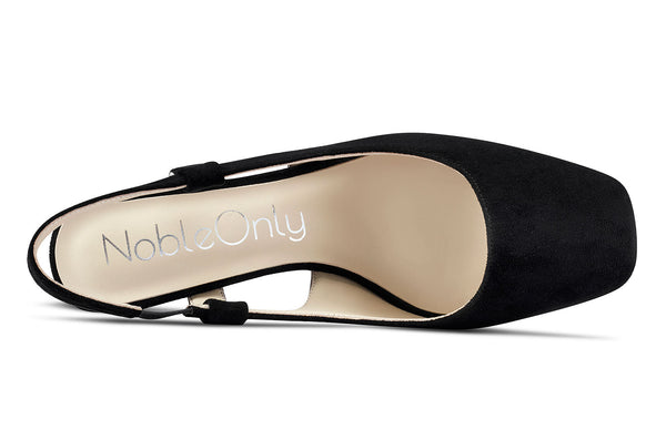 NobleOnly Womens Slingback Chunky Heels Pumps Comfortable Leather Square-Toe Block Mid-Heels Office Classic Fashion Shoes 7.5 cm Heel