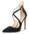 DearOnly Women's High Heels Cross Ankle Strap Pumps Pointed Toe 4.7" Inch Suede Heel Buckle