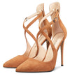 DearOnly Women's High Heels Cross Ankle Strap Pumps Pointed Toe 4.7" Inch Suede Heel Buckle